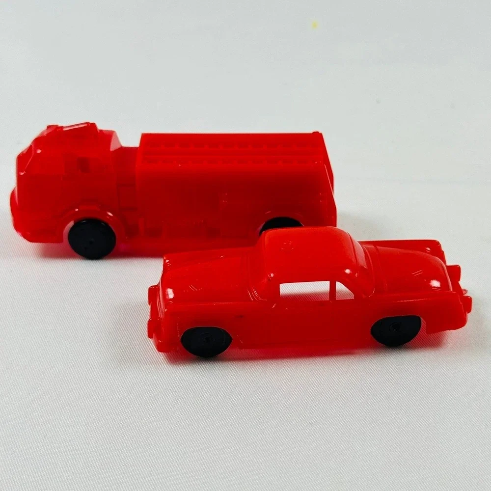 Vintage Red Plastic Fire Chief KFD and Fire Truck Set 2pc Mid Century Dime Store
